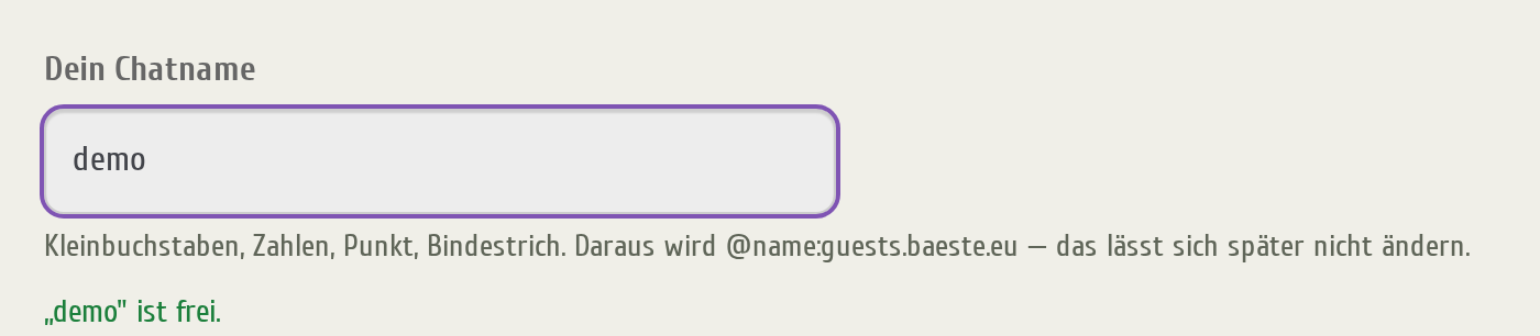 Nahaufnahme des Chatnamen-Feldes mit der Rückmeldung, dass der Name noch frei ist