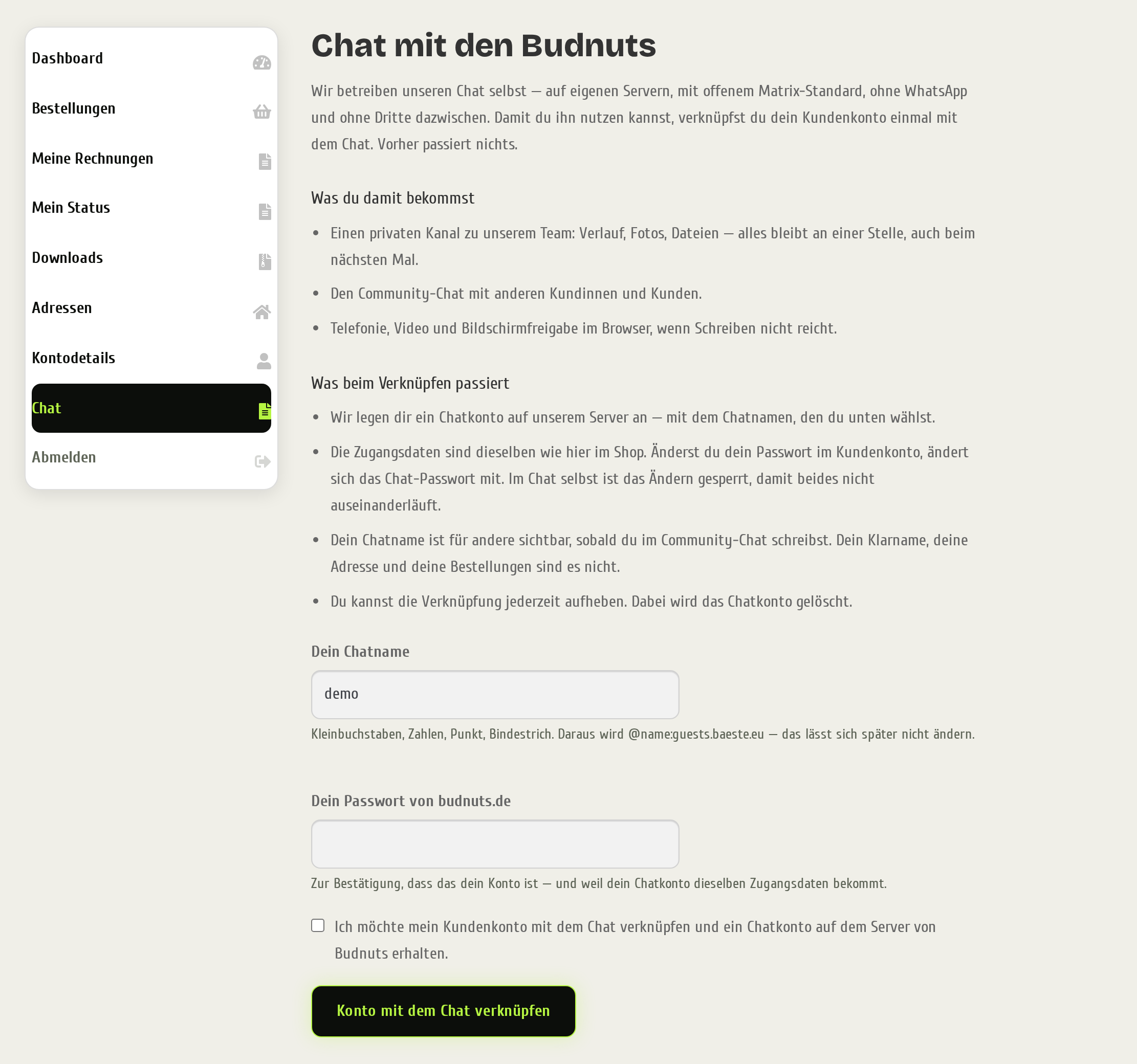 Seite Mein Konto, Reiter Chat, mit Erklärungen, dem Feld für den Chatnamen, dem Passwortfeld und der Zustimmungs-Checkbox