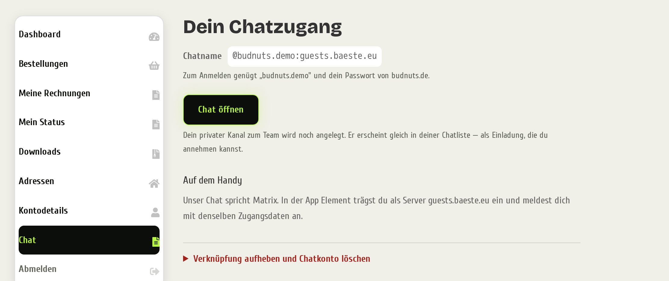 Reiter Chat nach der Verknüpfung mit angezeigtem Chatnamen und den Schaltflächen zum Kanal und zum Chat
