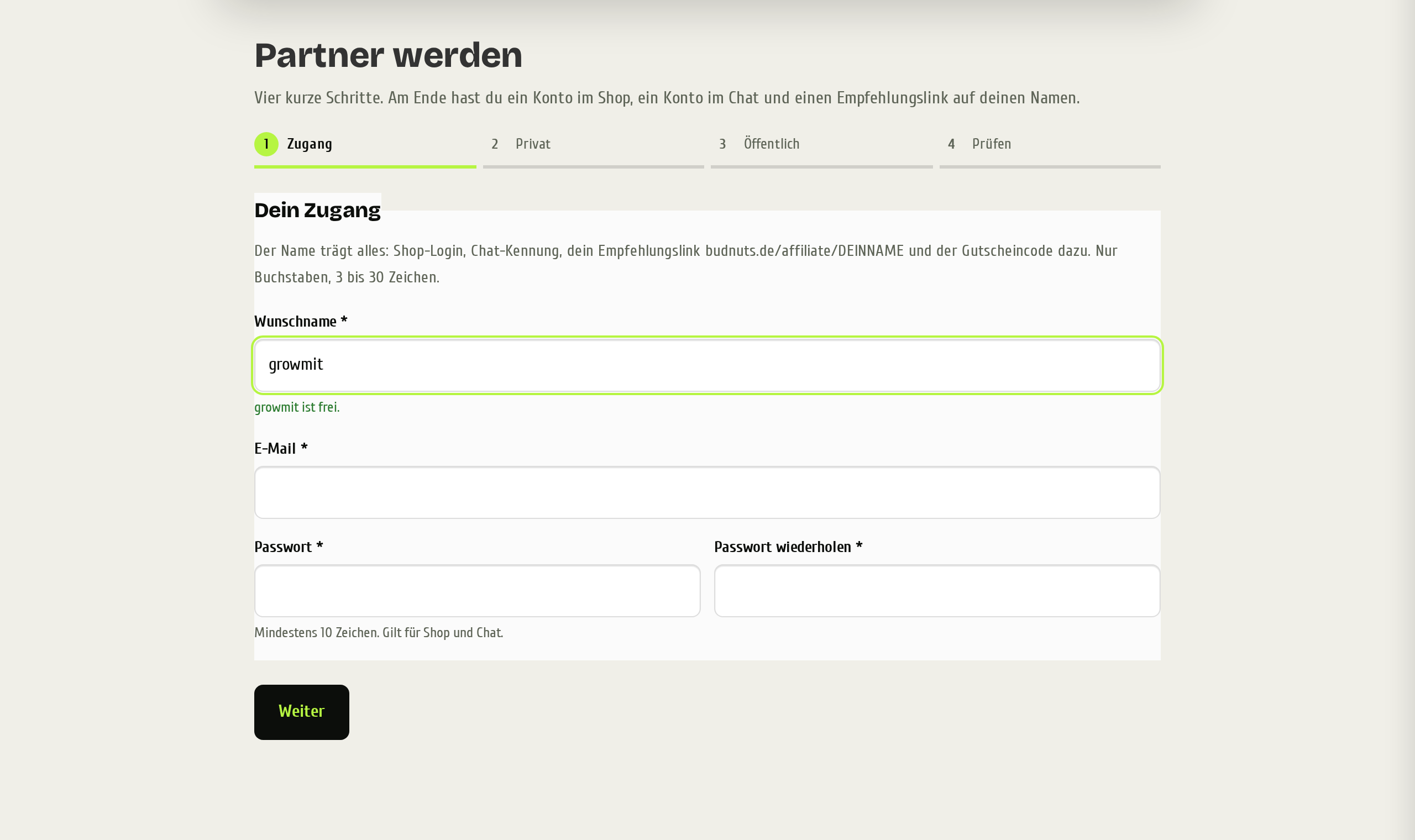 Partnerseite budnuts.de/partner mit der Schrittleiste und dem Feld für den Wunschnamen