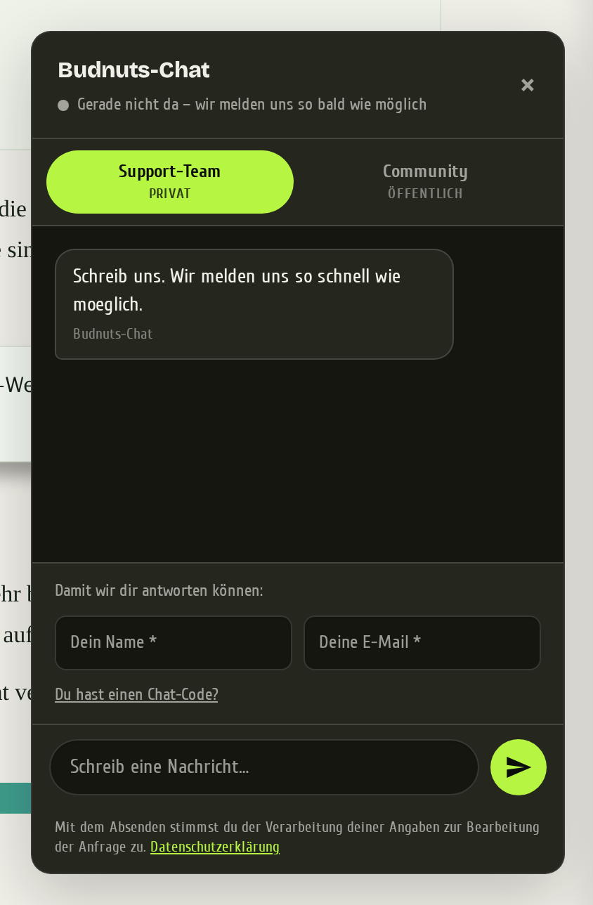 Geöffnetes Chatfenster im Shop mit den Feldern für Name und E-Mail und dem Eingabefeld für die Nachricht